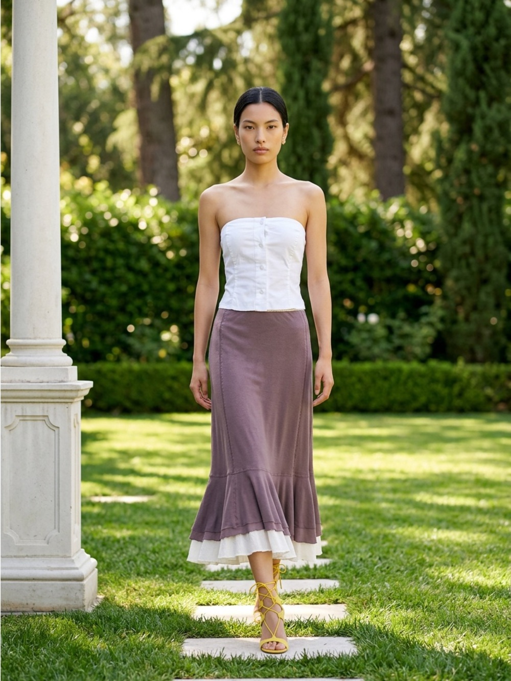 Brown/White  Tiered Cotton Midi Skirt